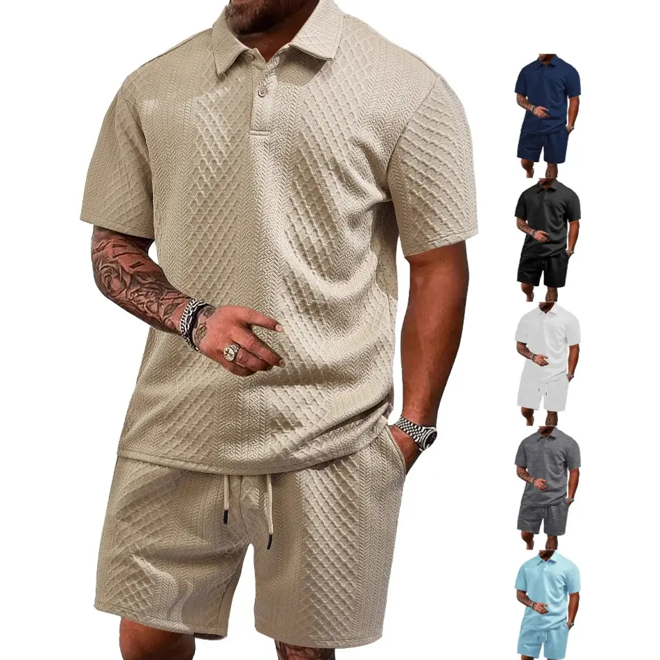 New Summer Style (Euro-American) - Men's Casual Sports Set featuring Jacquard Fabric. A lightweight ensemble consisting of a short-sleeve collared Polo shirt and matching shorts; ideal menswear for occasions such as streetwear or seaside vacations.