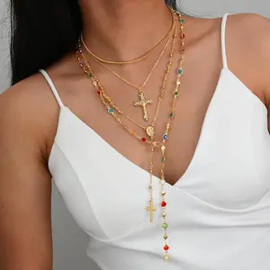 Cross Pendant Necklace Set For Women Gold/Silver Chunky Cross Necklaces Set Layered Pearl Colorful Beads Cross Pendant Necklace Fashion Y2k Jewelry For Women
