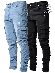 2-Pack Men's Stretch Denim Fabric Casual Comfy Jeans, Classic Casual Slim-Fit Work Pants with Multi-Pockets, All Seasons Versatile Stylish Tapered Trousers
