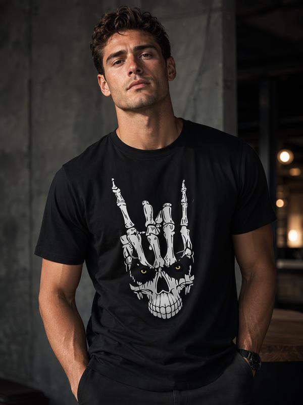 Men's Fitted Cotton Shortsleeve Crew Neck T-Shirt - Menswear Top, Edgy Rock Streetwear Rockstar Statement, Skeletal Metal Hand Graphic Print, Casual Summer Bold Look, Teenage Dirtbag Aesthetic, Cold/Machine Washable, Size M