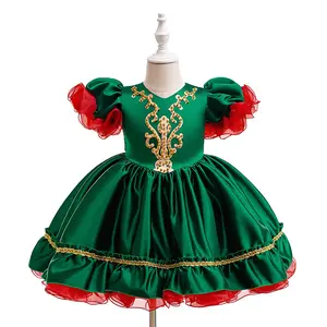 Beading Kids Clothes 120 Girl Green Christmas Dress Santa Claus Ball Gown Children Cosplay Costume Fancy Carnival Party Princess Frock 3-8Y