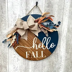 "Hello Fall" Two-Tone Wooden Door Sign – Rustic Farmhouse Style Front Door Decor – Autumn Porch Sign – Fall Seasonal Entryway Decoration