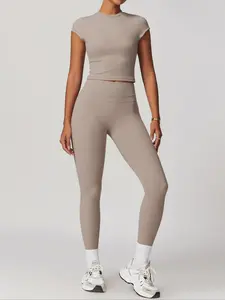 Women's Sportswear Two-Piece Set, Autumn Outdoor Fitness Running Top & High-Waisted Pants, Solid Color Short Sleeve Yoga, Yoga Tracksuit Set