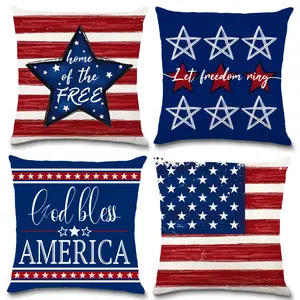 4PCS July 4th Pillow Cover, Red Blue Star-Spangled Flag Freedom American Patriotic Style Pillowcase, Independence Day Memorial Cushion Cover, Home Sofa Decoration