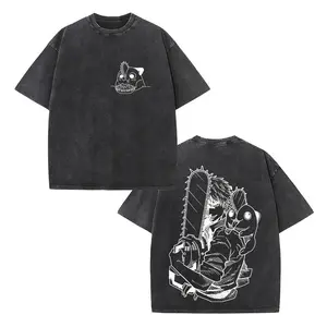 Vintage Acid Washed Chainsaw Man Denji & Pochita Graphic T-Shirt Unisex, Double-Sided Print Oversized Heavyweight Crewneck Tee, Y2K Anime Streetwear Casual Top for Men Women, Outdoor Daily Wear