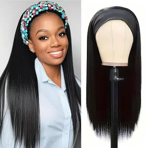 28 Inch 200% Density Headband Wig Blended Human Hair Straight Headband Wigs Glueless Wigs for Women Glueless No Lace Front Human Hair Natural Color Brazilian Virgin Hair