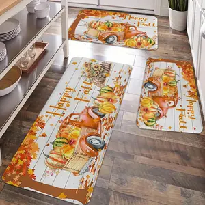2/3pcs Autumn Thanksgiving Watercolor Pumpkin Kitchen Floor Mat Carpet, Retro Pumpkin Maple Leaf Printed Flannel Soft, Anti slip, Anti Drop Floor Mat, Thanksgiving Party Kitchen, Dining Room, Living Room, Entrance Door, Laundry Floor Decoration Floor Mat