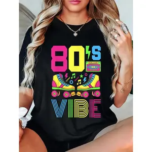 80s Vibe Retro Graphic T-Shirt - 1980s Theme Party Outfit with Bold "80's VIBE" Lettering, Neon Roller Skate & Cassette Tape Design - Black Round Neck Machine-Washable Costume Shirt for 80s Themed Events, Rock And Roll T Shirts, Casual Wear, Vintage Aesth