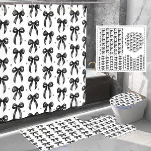 4 Pcs Black Bow Shower Curtain Sets, Cute Bow Bowknot Aesthetic Shower Curtain Set with Rug, Toilet Lid Cover and Bath Mat, Modern Minimalist White Waterproof Bathroom Decor