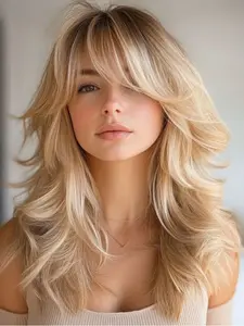 Fashionable New Long Wavy Blonde Wigs with Bangs and Dark Roots, Synthetic Hair Wigs, Synthetic Women's Wigs for Ordinary Work, Life, Dance Parties and All Occasions