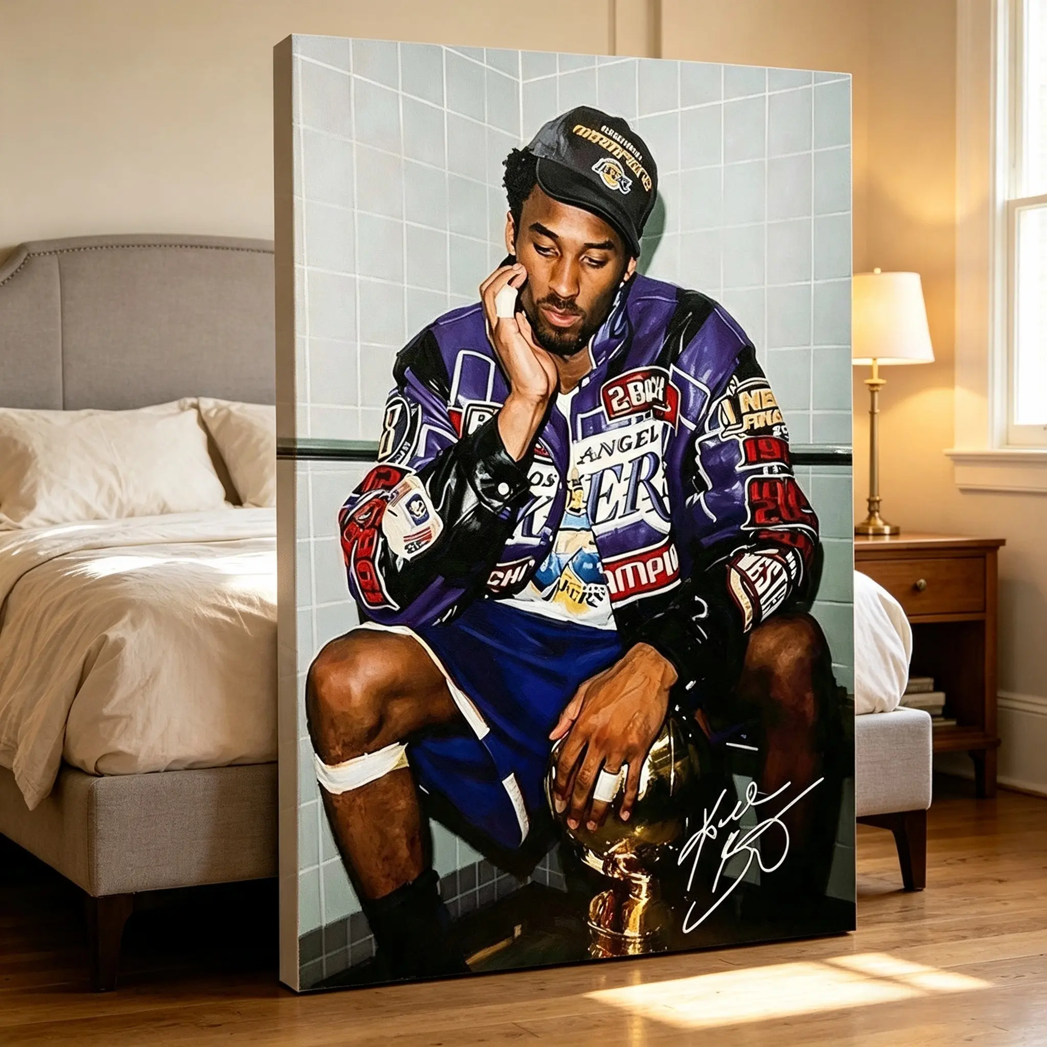 Kobe Bryant Championship Canvas Wall Art, Lakers Basketball Star Signed Print, Sports Legend Wall Decor, Man Cave Bedroom Poster, Basketball Fan Gift, Vintage NBA Athlete Canvas Art For Boys Room Home Wall Decoration