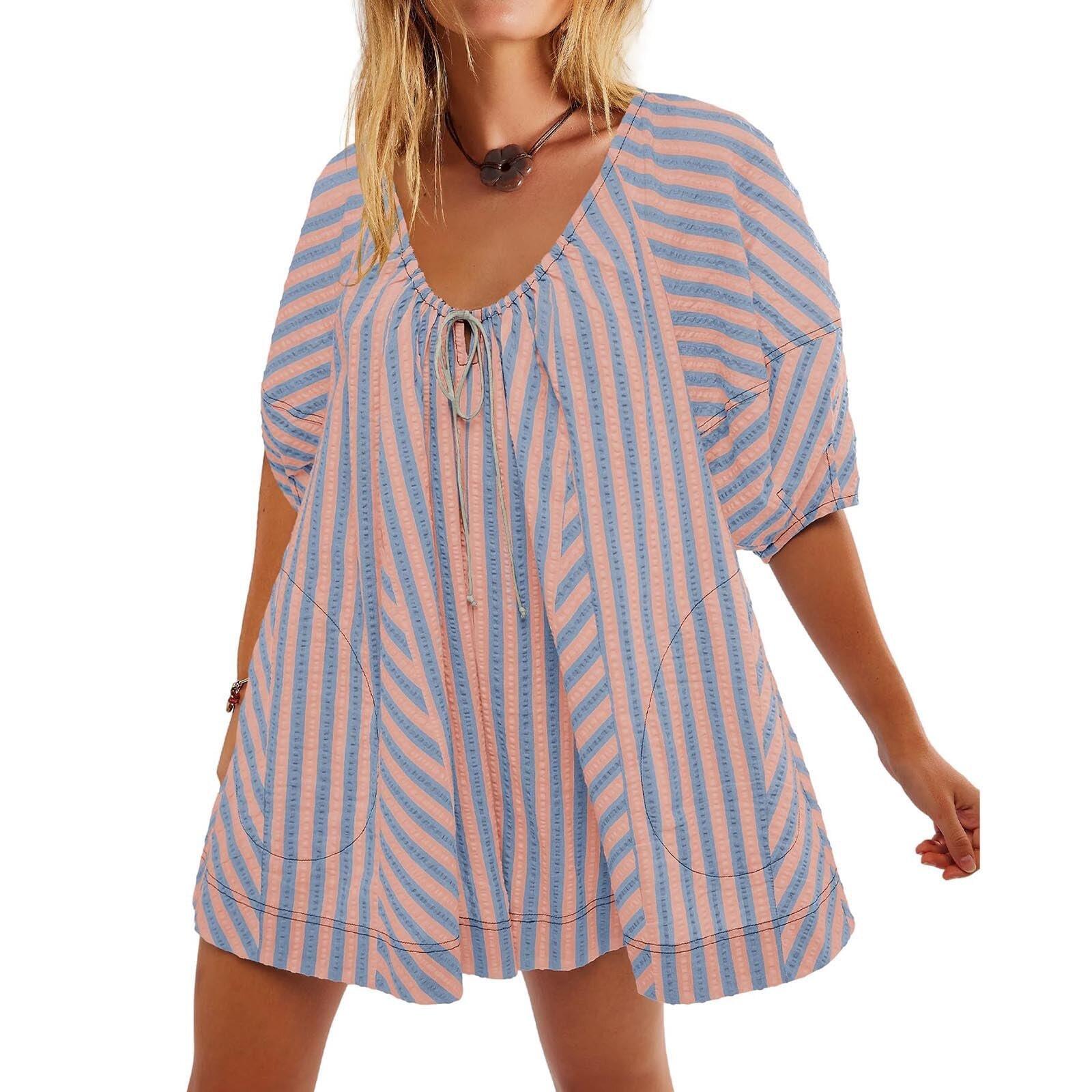 Women's Striped V-Neck Romper, Casual Loose Tie Front Wide Leg Short Jumpsuit, Flowy Summer Vacation Outfit
