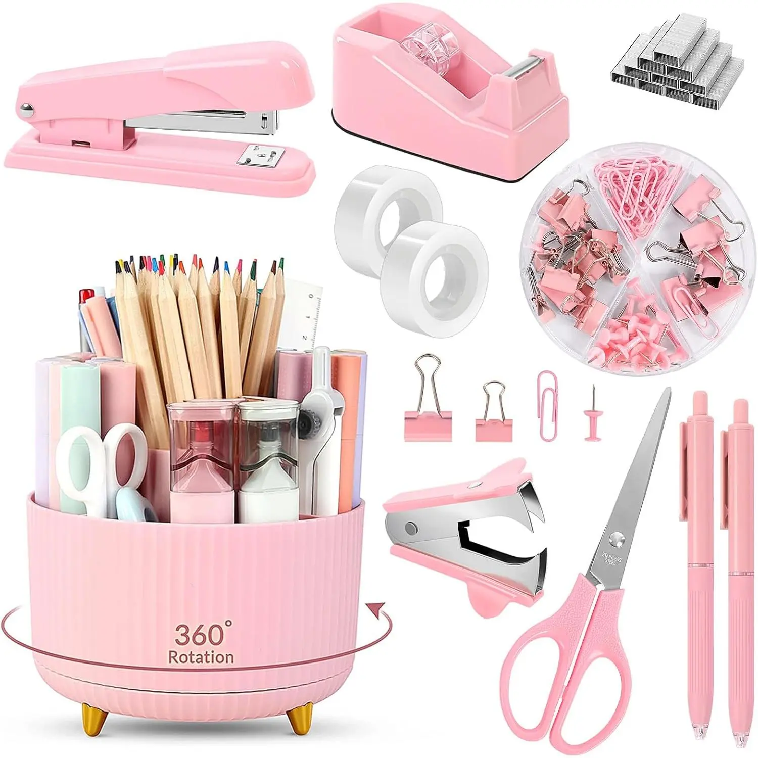Pink Desk Accessories 10Pcs, Rotating Pen Holder for Desk, Stapler, Staple Remover, Tape Dispenser,2pcs Tape Refills, Binder Paper Clips Kit, Scissor,Pink Office School Supplies, Office Accessories, Metal Objects Desk Supplies Organizers & Dispensers