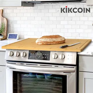 [Summer BBQ Essential] Kikcoin Extra Large Bamboo Stove Covers & Gas Oven Top Burner Cover | Wooden Cutting Board, Noodle Board, Charcuterie Serving Tray with Handle & Juice Groove | Knife-Friendly Kitchen Gadgets