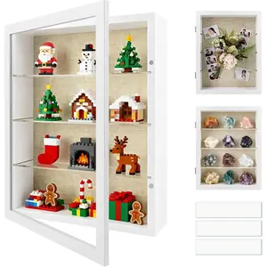 11x14 Shadow Box Display Cases with Removable Clear Shelves, Glass Door Memory Box, White Deep Shadow Box Frame with DIY Light Strip for Keepsake Collectibles, Wedding Bouquet, Photos