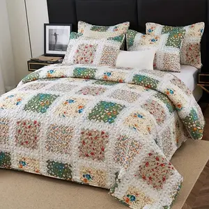 2/3-Piece Patchwork Quilt Set - Reversible Floral Plaid Bedspread Coverlet, Soft Microfiber Lightweight Quilt with 1 Quilt & 1/2 Pillow Shams, All-Season Bedding Set for Cozy Bedroom or Home Decor