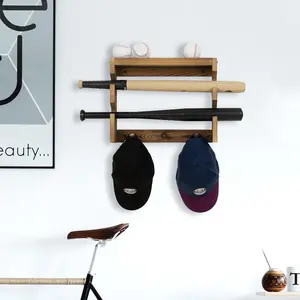 Dark Burnt Wood Wall Mounted Baseball Display Storage Rack with Bat Holder, Ball Tray Shelf and Cap Hanging Coat Hooks