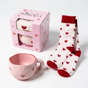 Gift Set Mug & Socks, Pink Heart Design, Cute Ceramic Tea Cup and Girly Cotton Socks, Gift for Her for Mom Kit Matcha or Coffee Drinkware Kit Birthday Present