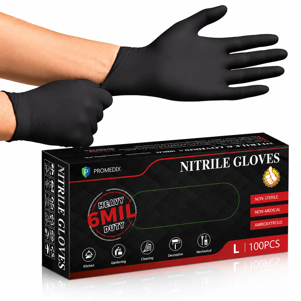 PROMEDIX P 6 Mil Heavy Duty Nitrile Gloves, Black Disposable Gloves, 100 Count, Latex Free, Powder Free, Food Safe, for Cleaning, Cooking, Mechanics & Auto Repair
