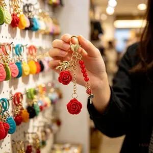 Single Red Rose Camellia Resin Key Ring Bag Charm With Golden Lobster Clasp, Elegant Floral Pendant For Car Keys USB Drives, Sweet Mother’s Day Gift For Women Daily Decor Accessory