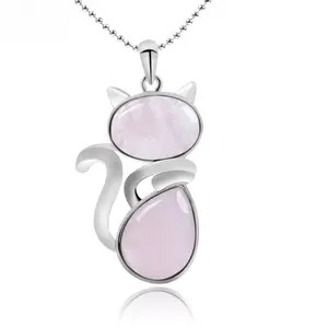 Sterling Silver Plated Cat Pendant Necklace with Pink Opal Stone - Cute Kitten Animal Jewelry, Delicate Necklace Gift for Girlfriend, Daughter, Cat Mom on Birthday/Christmas
