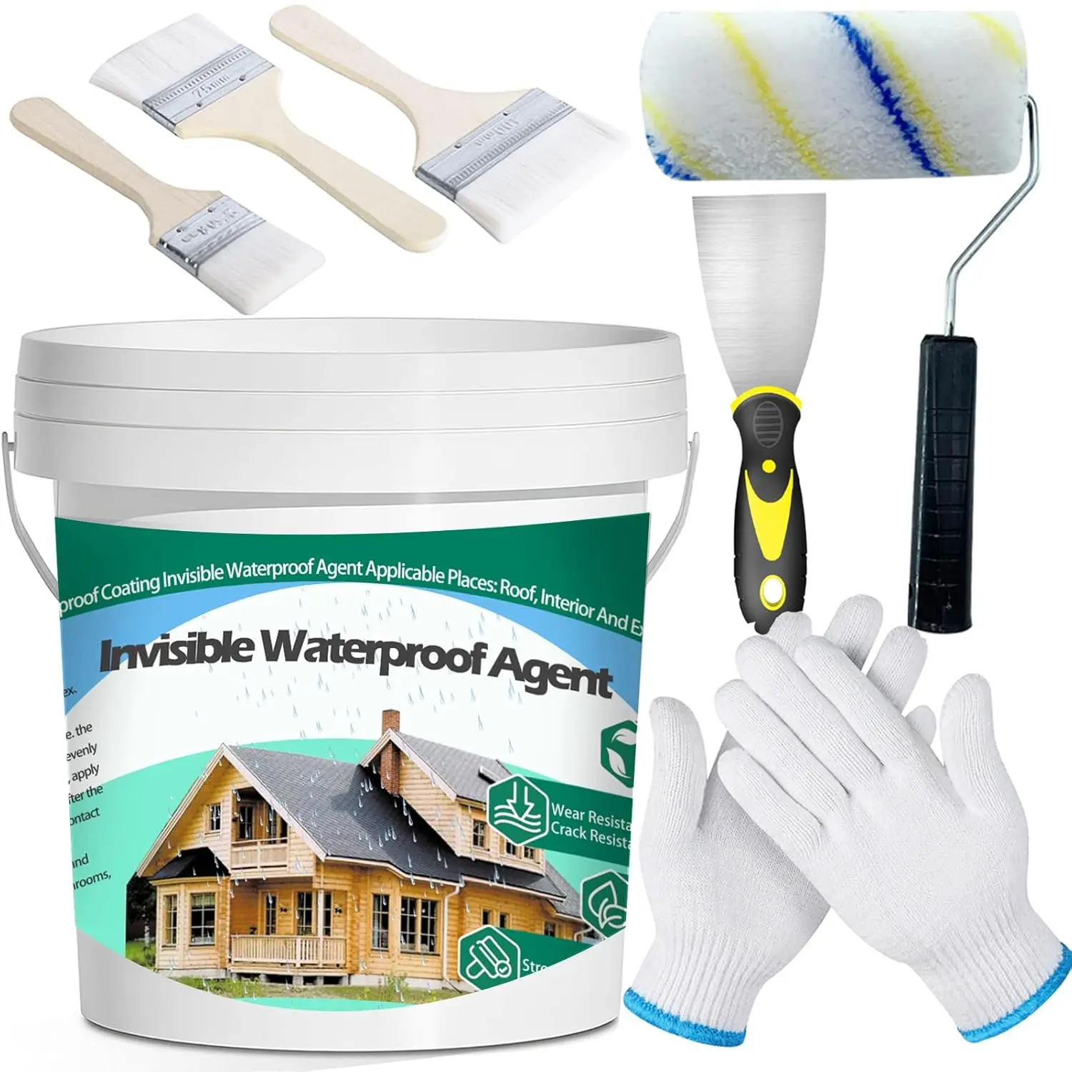 3Kg/106Fl.oz Cement Crack Repair Invisible Transparent Liquid Sealant Coating Full Kit, Building Repair Tool with Long Lasting-Super Strong Adhesion, Cotton Work Gloves, 3-Size Brushes, Putty Cut Roller (Indoor-Outdoor Use) 1 Set