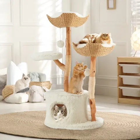 Natural Wood Tall Cat Tower - White Multi-level Design with Hand-woven Baskets & Cat Condo, Perfect for Indoor Cats