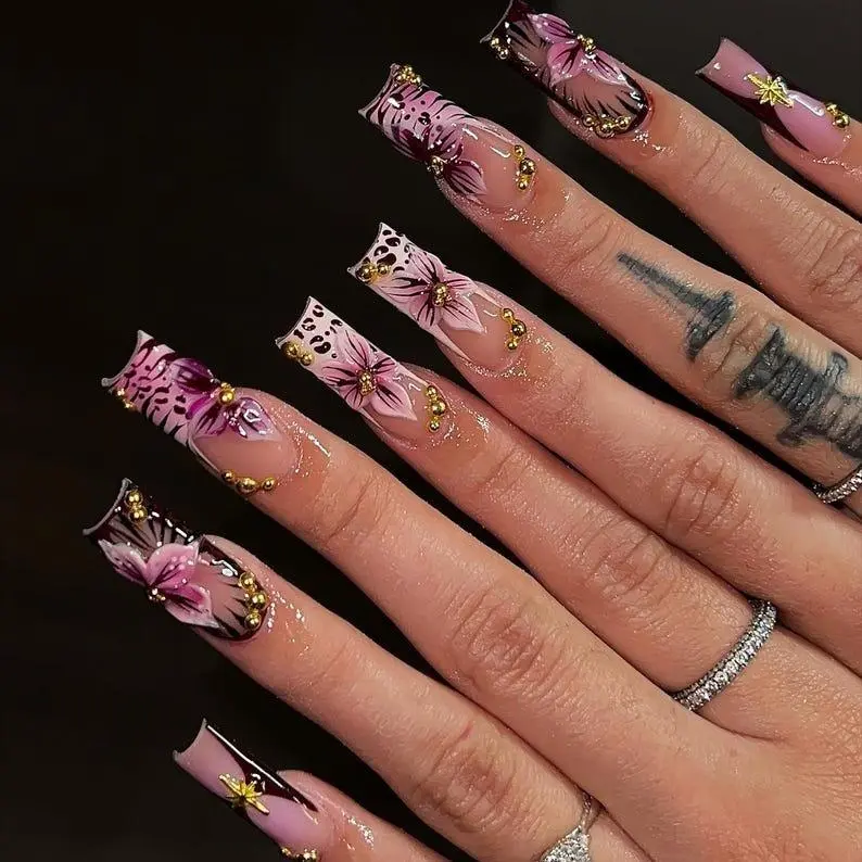 Luxury Pink Floral Press On Nails Long Coffin French Tip  Handmade 3D Flower Fake Nails with Gold Charms  Reusable Glossy Acrylic Nail Set for Women