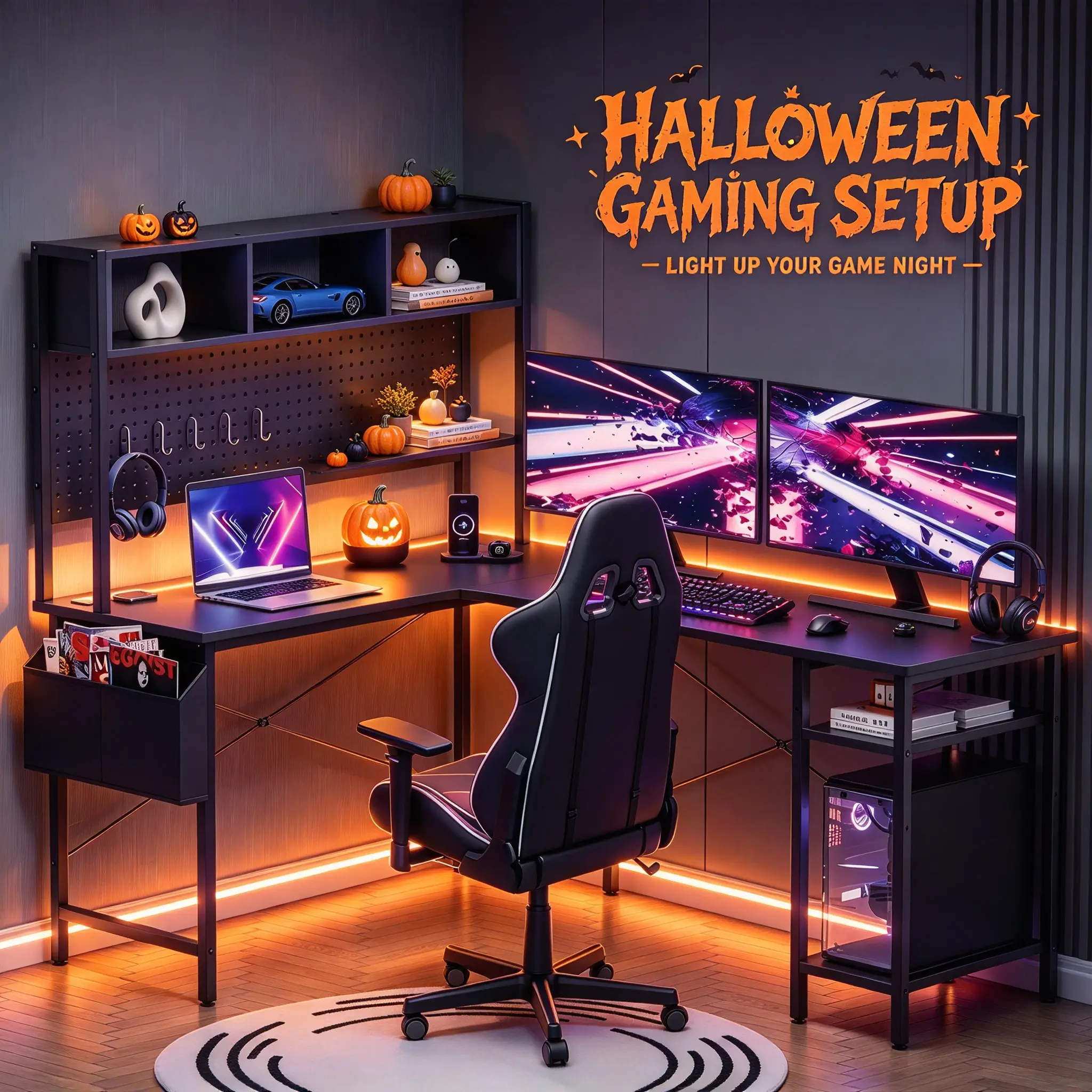 【Helloween Gift】Mr IRONSTONE L Shaped Gaming Desk with LED Lights & Power Outlets, Reversible Computer Desk with Storage Shelves & Bag, Large Corner Home Office Desk with Pegboard for Work from Home, Black