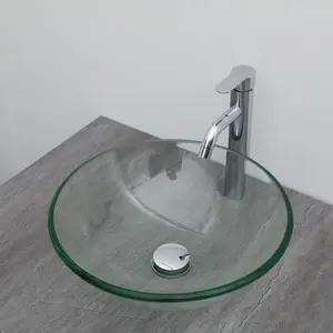 Logmey 16" Glass Bathroom Vessel Sink with Faucet and Pop up Drain Set,Countertop Round Bowl Glass Art Basin,Clear, Memorial day