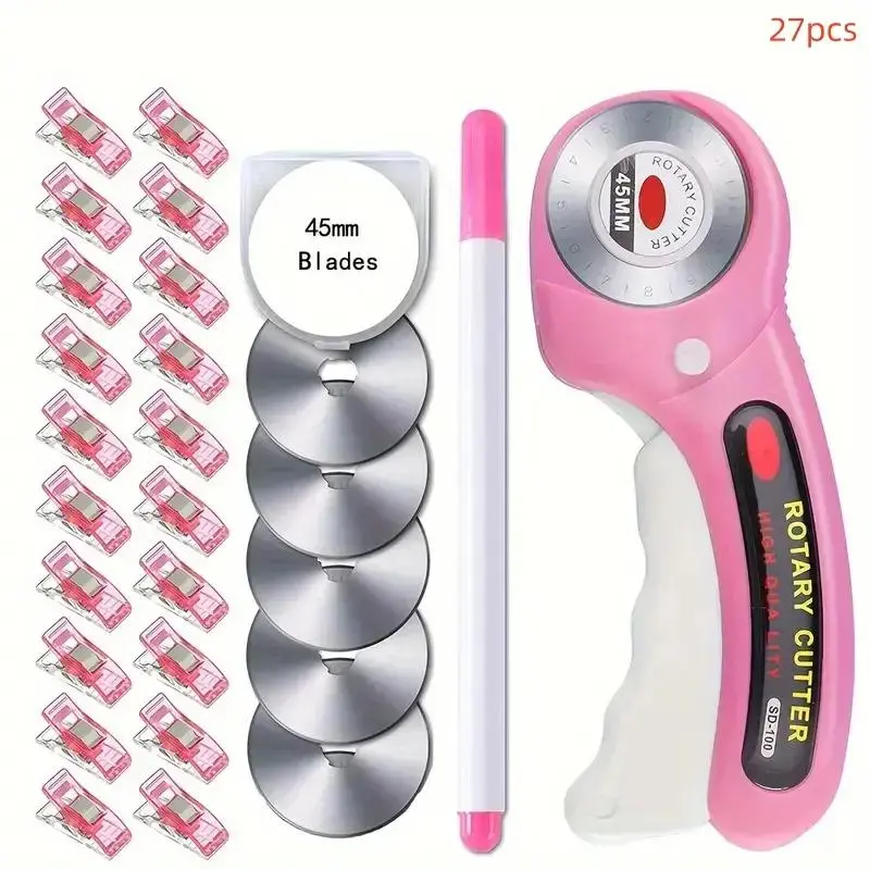 Rotary Cutter Set, 27pcs/set Including 1 Count Rotary Cutter & 5 Counts Replacement Blades & Sewing Clips & Marker Pen, Sewing Tool Kit for DIY Sewing, Sewing Supplies Crafts, Sewing Accessories, Sewing Accessories And Supplies