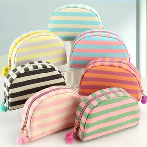 New Striped Shell Makeup Bag | Fashion Macaron Zipper Cosmetic Organizer | Portable Travel Toiletry Pouch | Perfect Gift for Family, Friends, Christmas & Valentine's Day