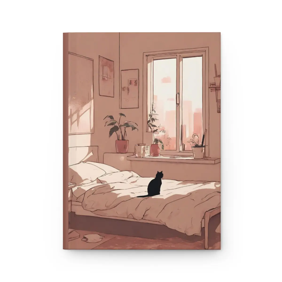 Aesthetic Lo-fi Minimalist Bedroom Cat Hardcover Matte Journal - CreativeBunnieStudio - Aesthetic Lo-fi Minimalist Bedroom Cat Notebook, Beige Aesthetic Journal, Anime Notebook