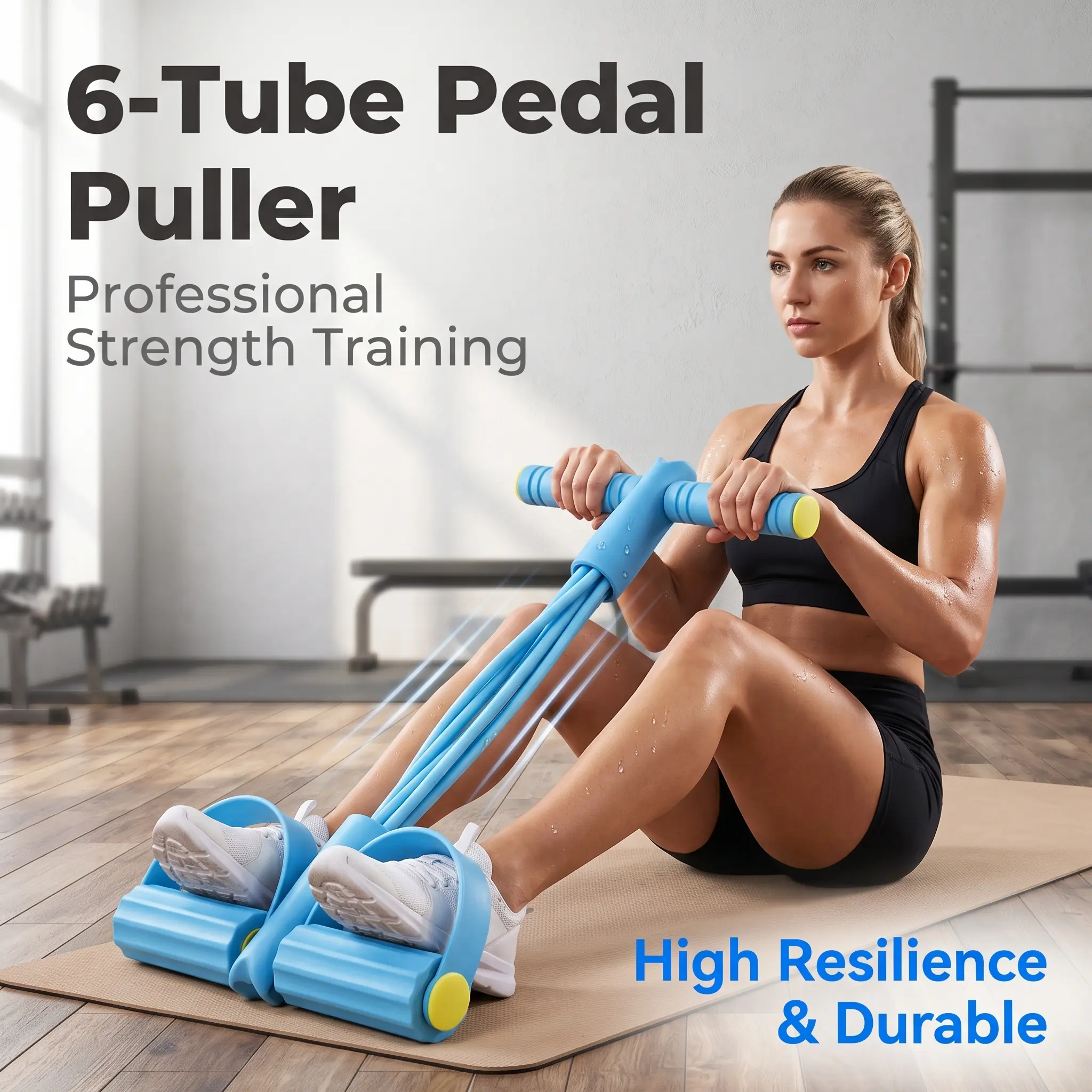 6-Tube Pedal Puller Resistance Band, Thickened Natural Latex Elastic Fitness Trainer, Sweat Absorbent Ergonomic Handle Full Body Workout Equipment for Arms Waist Legs Shoulders, Portable Pocket Gym for Home Office Travel Women Exercise
