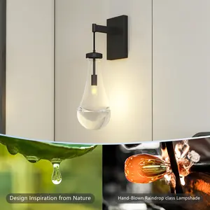 Brass Wall Sconce, Modern Raindrop Glass Shade, Dimmable LED E12 Bulb, Fits Bathroom, Vanity, Living Room, Brass, 1 Pack