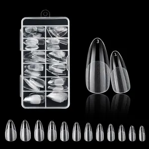 120pcs Long Almond False Nails, Half Sand Transparent Fake Nails, No-Drill Glue-On Nail Tips, Easy Manicure Set for Women