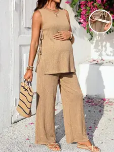 MaterniRIO 2pcs Maternity Set: Solid Color Round Neck Twist Front Top And Adjustable Waist Wide Leg Pants, Casual Daily Wear