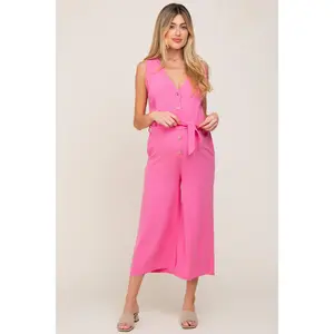Pink Sleeveless Button Front Maternity Cropped Jumpsuit