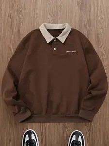 Men's Fall Winter Letter Print Fleece Lined Polo Neck Fitted Long Sleeve Sweatshirt, Casual Versatile Pullover, Thick Knit Fabric, Half Button Design