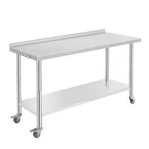 Garvee NSF Certified 60x24 Inch Stainless Steel Work Table with Adjustable Undershelf, Backsplash, Casters, Hooks, and Trash Rack - Heavy Duty Commercial Prep Station for Kitchen, Restaurant, Garage, and Workshop