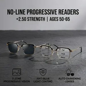 +2.50 No-Line Progressive Readers | 3-in-1 Multifocal, Photochromic & Anti-Blue Light (Fits +2.25 to +2.75)