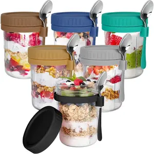 6 Pack Overnight Oats Containers with Lids and Spoons, 16 OZ Glass Mason Overnight Oats Jars, Large Capacity Airtight Jars for Milk, Cereal, Fruit
