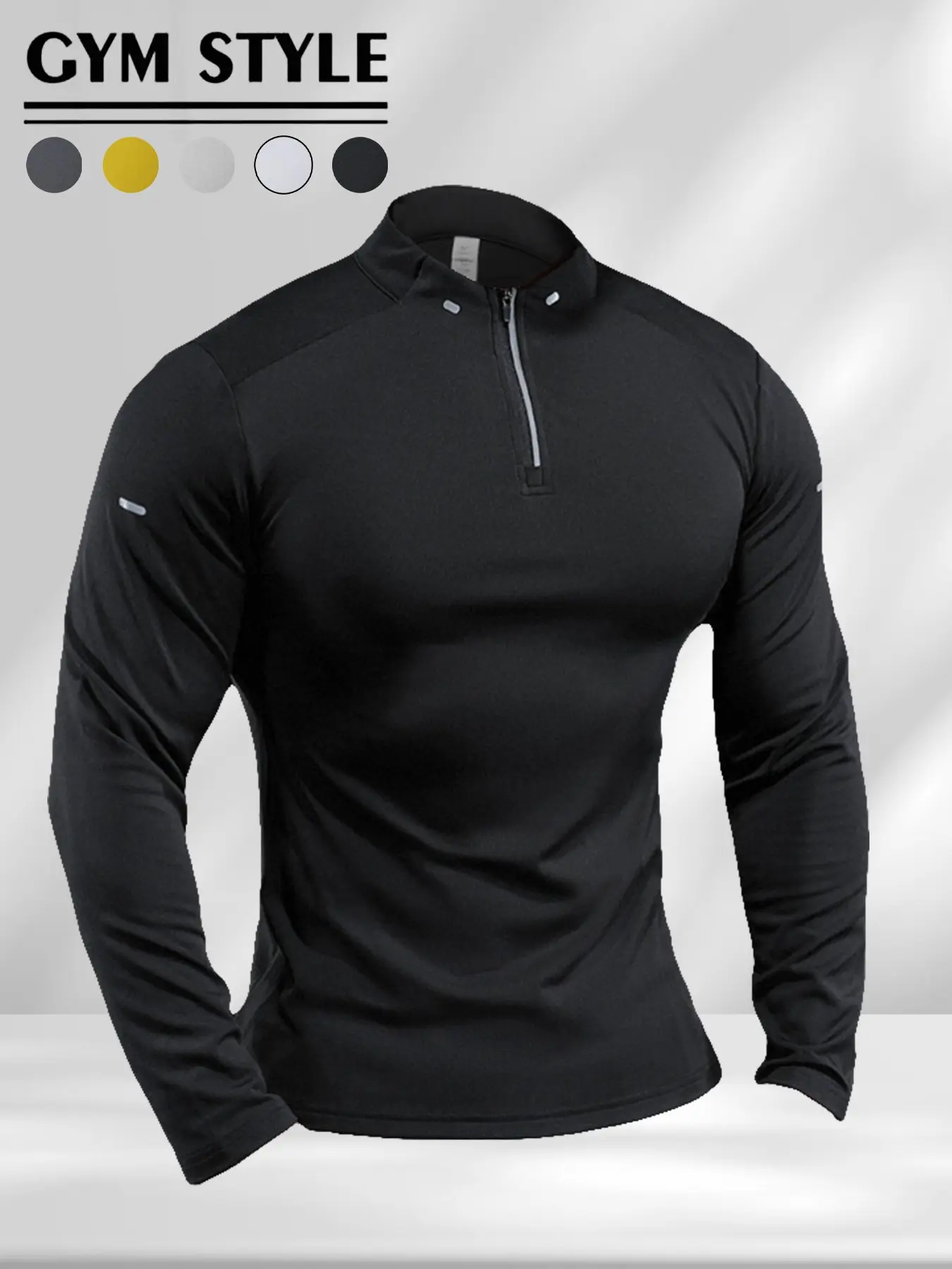 Men's Quarter Zip Gym Long Sleeve Shirt, Muscle Fit Breathable Moisture-Wicking Polyester Athletic Top, Sports Tops, Lightweight Quick-Dry Stretchy Pullover with Reflective Details, Perfect for Workout, Running, Outdoor & Urban Street Style