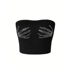 Women's Rhinestone Decorated Skeleton Hand Crop Tube Top, Fashionable Sleeveless Strapless Top for Daily Outdoor Wear, Ladies Clothes for Summer, Womenswear