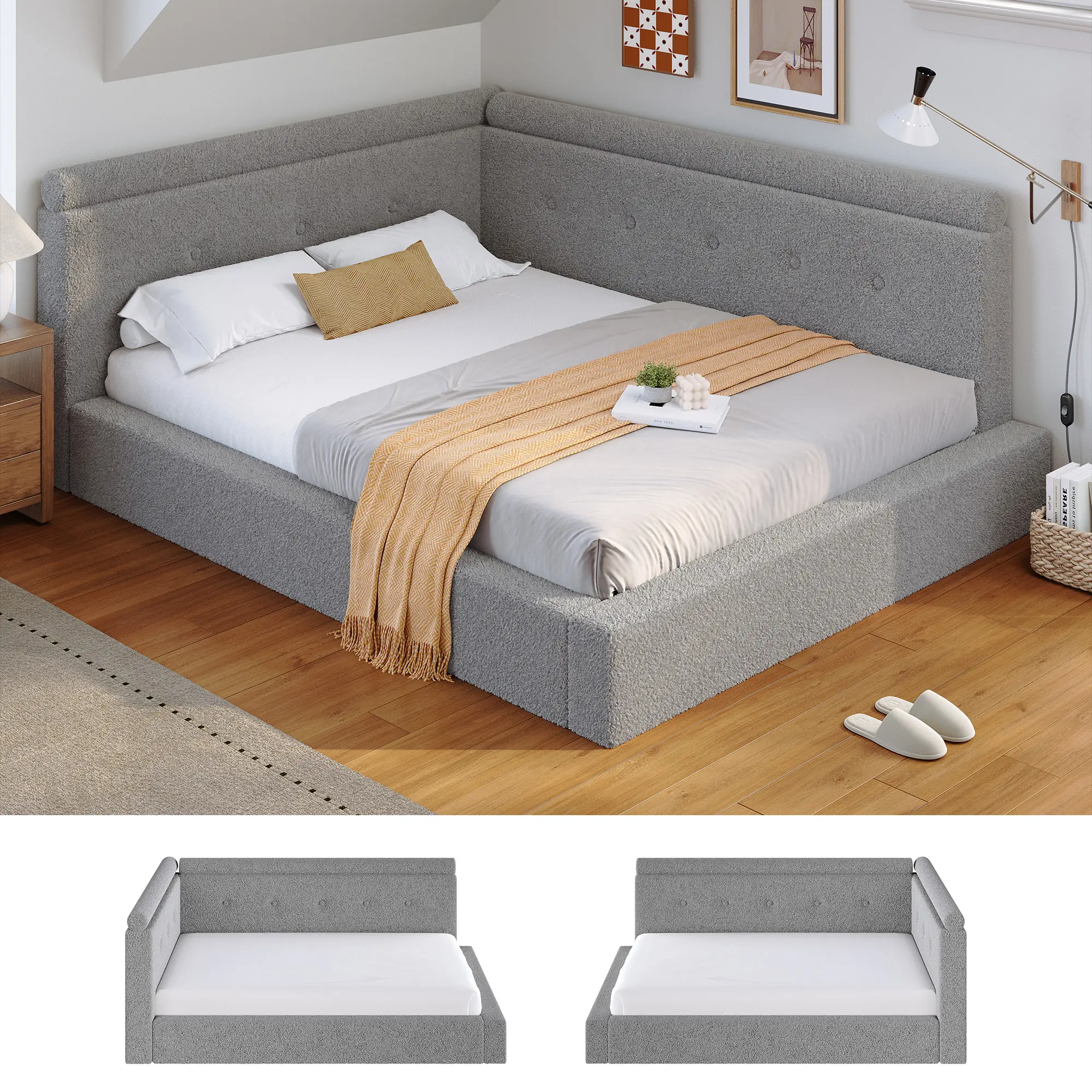 [20 Mins Assembly] Raybee L-Shaped Corner Bed with Bouclé Upholstery, Low Profile Platform Cloud Bed with Rounded Corner Protection, Twin/Full/Queen, No Box Spring Needed, 882 lb Weight Capacity for Teen Rooms, Dorms, Apartments, Gray, Pink, White, Black