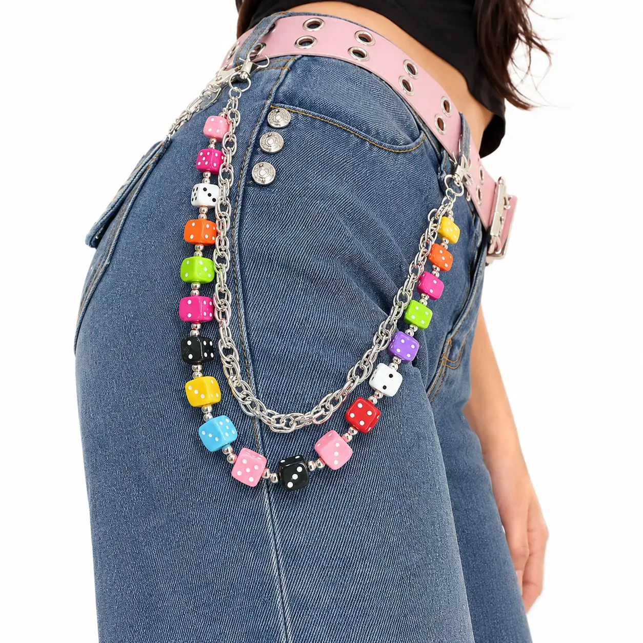 Colorful Acrylic Dice Bead Layered Pants Chain, Bag Chain, Wallet Chain for Women Men, Silver Plated Y2K Jeans Chain, Pocket Key Chain, Purse Charm Accessory