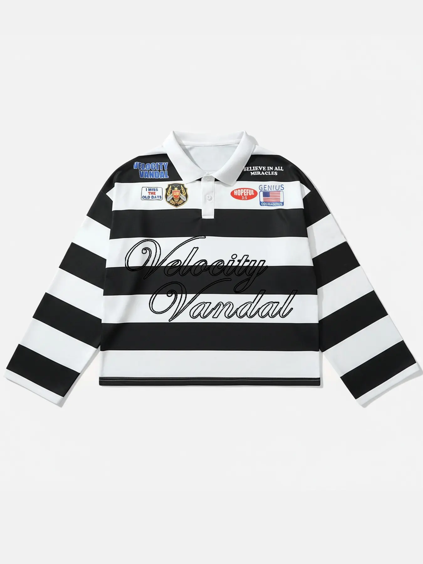 Men's Black and White Striped Button Polo Shirt, Loose, "Velocity Vandal" Letter Print, Geometric, Streetwear, Collared Long Sleeve Shirt, Casual Fashion Polo Shirts