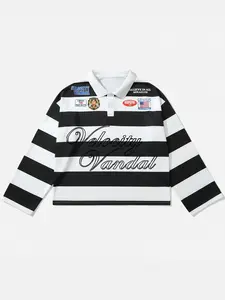 Men's Black and White Stripe Polo Shirt with Velocity Vandal Graphic, Streetwear Collared Long Sleeve Shirt with Vintage Text for Casual Fashion