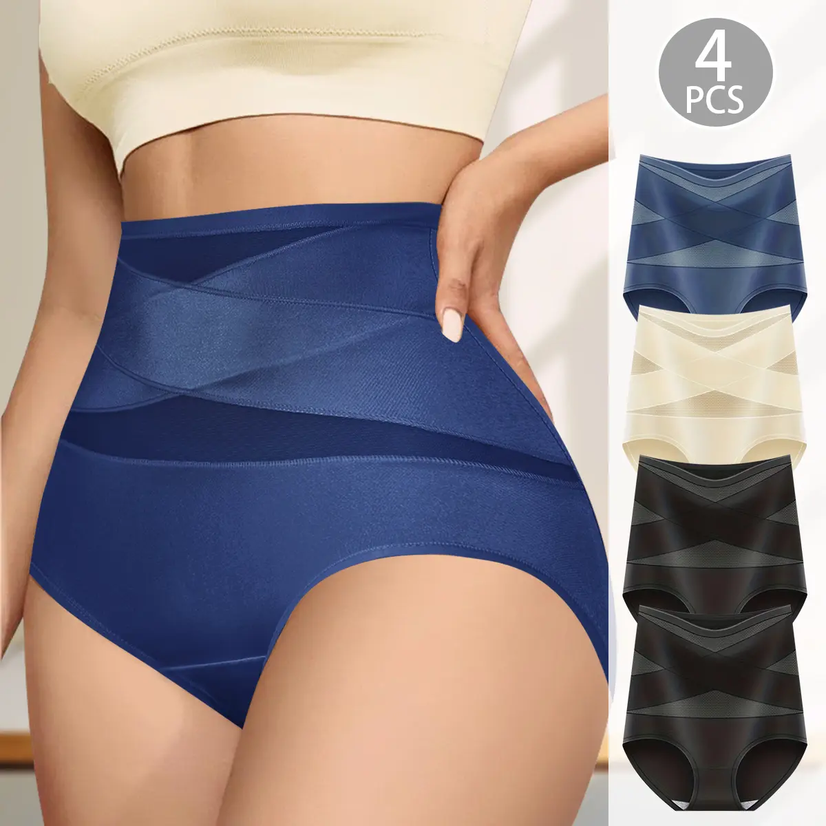 QUASTI 4 Pack Women's High-Waist Briefs, Plus-Size Elastane Soft Fabric Panties, Cross-Front Tummy Control Skin-Friendly Minimalist Style Briefs, Elasticity  Womenswear Breathable Underwear, 1XL-5XL
