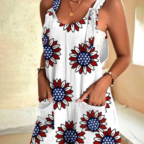 Women's Floral Print Overalls Romper Shorts, Bohemian Casual Adjustable Straps Sleeveless Overalls with Side Pockets, Overalls for Summer, Beach Romper, Floral Jumpsuits, Flower Print Romper